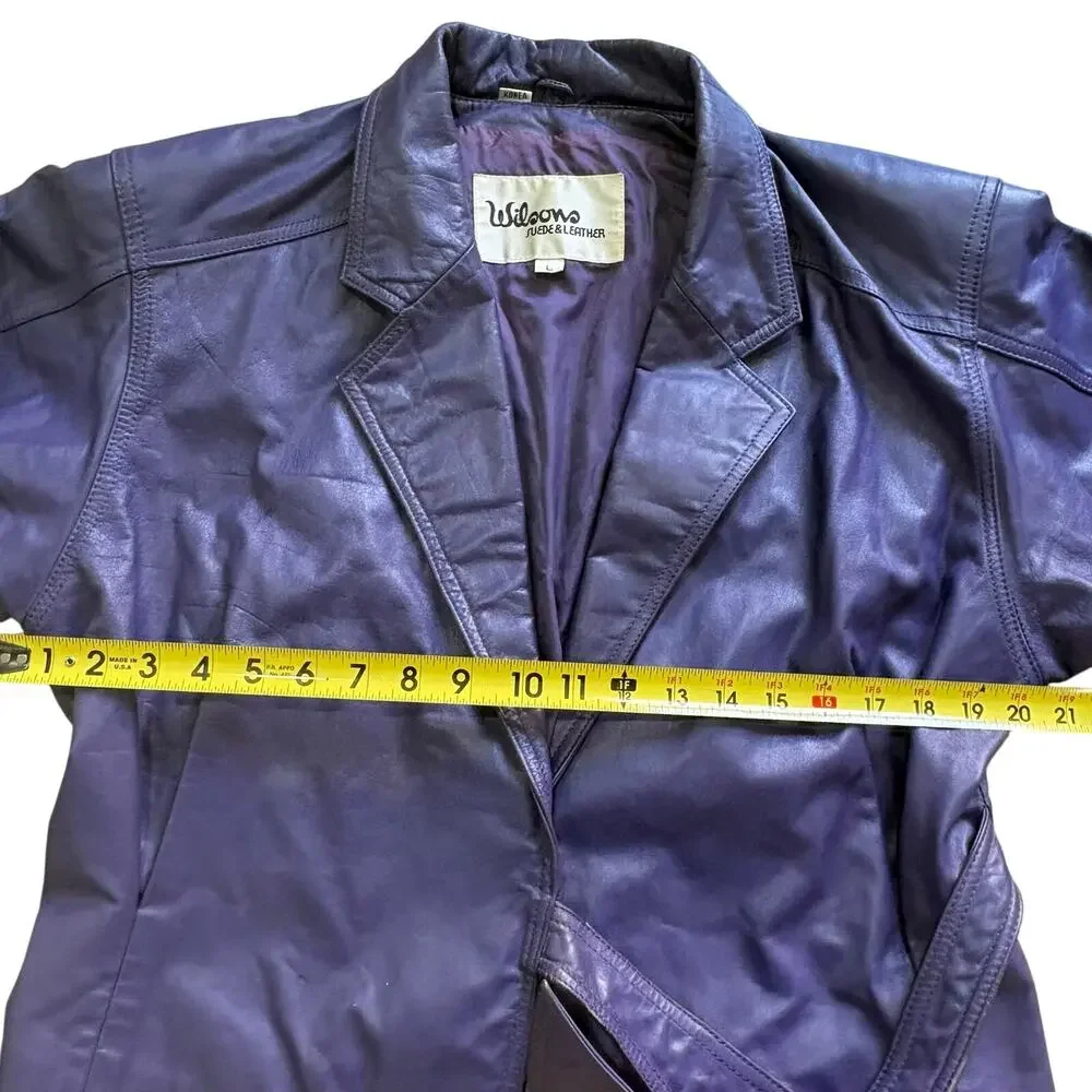 Vintage 80’s Wilsons Leather Women’s Purple Cropped Waist Jacket Tie Belt Large - Picture 8 of 9